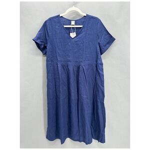 LINTICO 100% Linen Charlotte Dress Midi Blue Capsule Minimalist Lagenlook M NEW